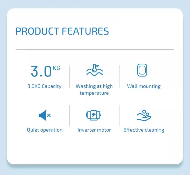 Wall-mounted washer-dryer  Product features 3.0KG Capacity Washing at high temperature Wall mounting Quiet operation Inverter motor Effective cleaning